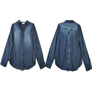 Bella Dahl Top Womens L Blue Chambray Button Up Zip Back Tencel Long Sleeve Boho